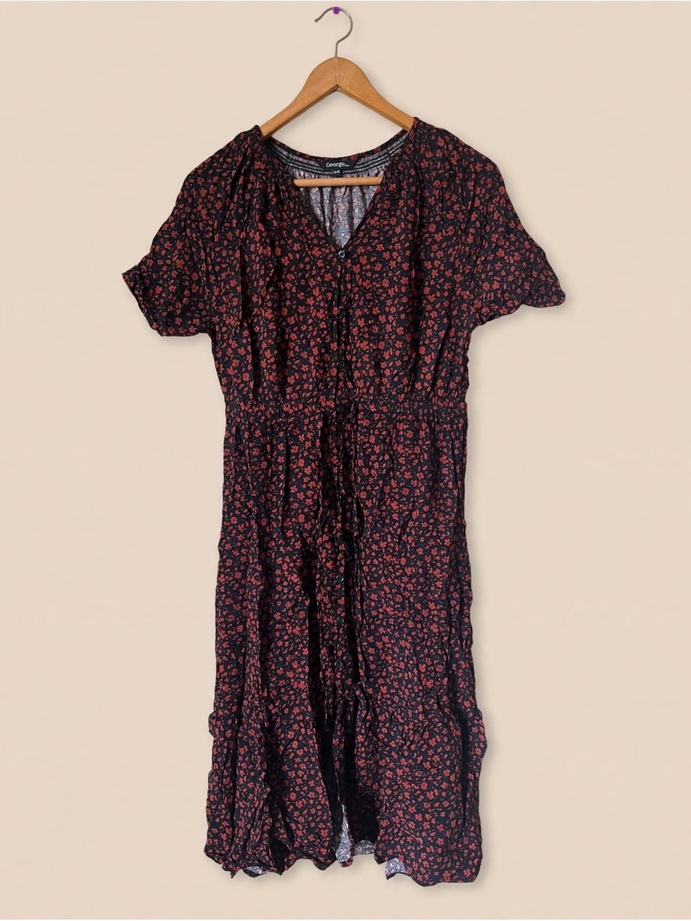 George Black Midi Dress with Red Floral Print